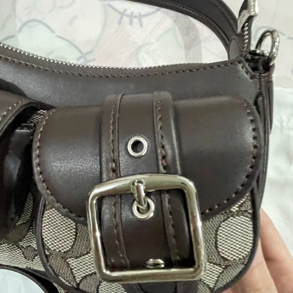 Coach Brown Signature Canvas Double Pocket Shoulder Bag with Dark Leather Trim